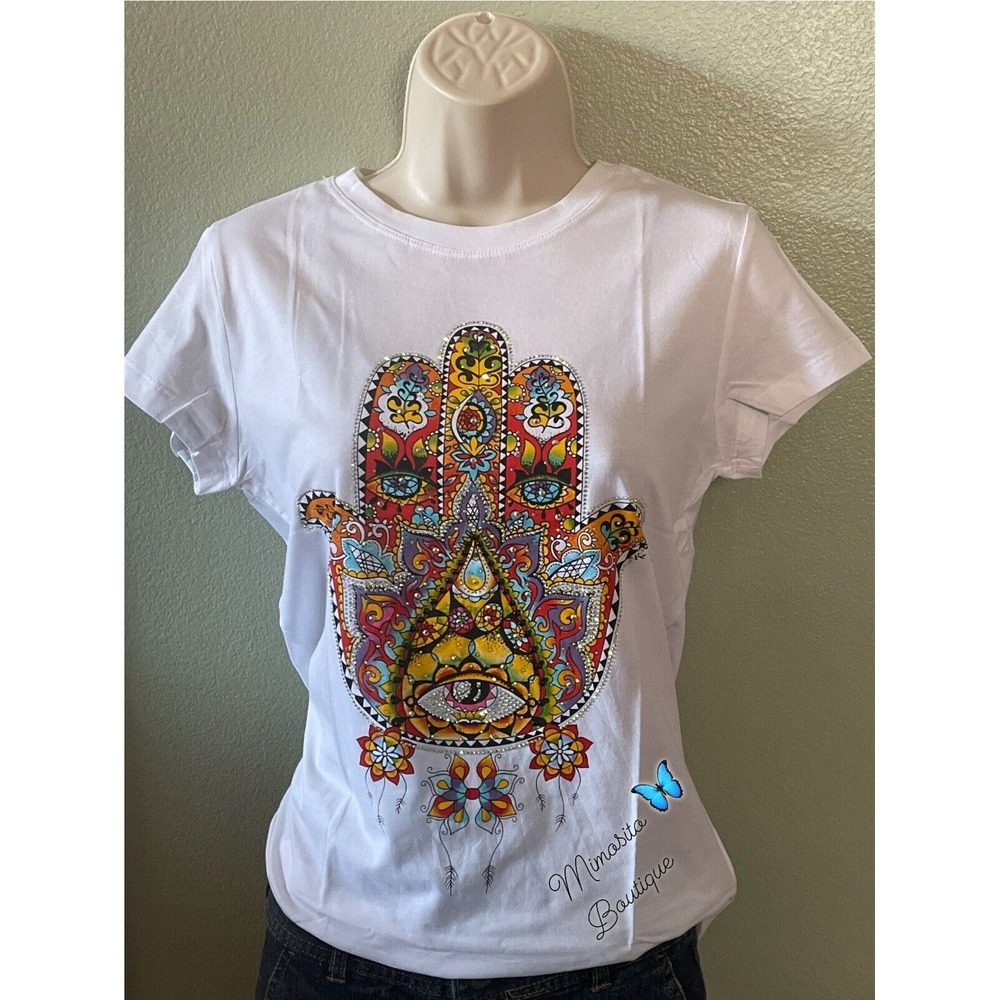 Vinizbena White  Women's  Hand Of Fatima T-Shirt  Top Size M  ~  Medium  New